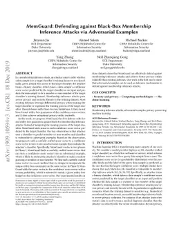 MemGuard: Defending against Black-Box Membership Inference Attacks via
  Adversarial Examples