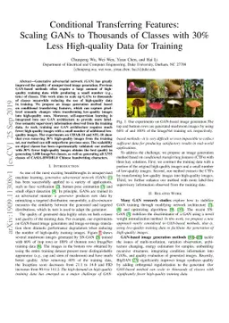 Conditional Transferring Features: Scaling GANs to Thousands of Classes
  with 30% Less High-quality Data for Training