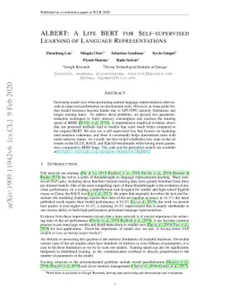 ALBERT: A Lite BERT for Self-supervised Learning of Language
  Representations