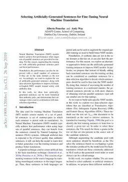 Selecting Artificially-Generated Sentences for Fine-Tuning Neural
  Machine Translation