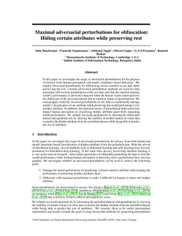 Maximal adversarial perturbations for obfuscation: Hiding certain
  attributes while preserving rest
