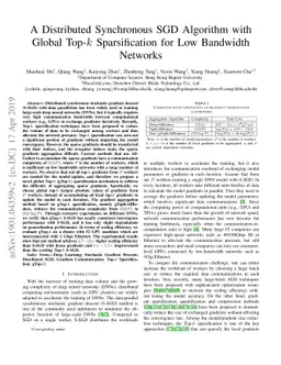 A Distributed Synchronous SGD Algorithm with Global Top-$k$
  Sparsification for Low Bandwidth Networks