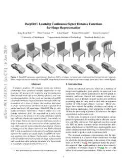 DeepSDF: Learning Continuous Signed Distance Functions for Shape
  Representation