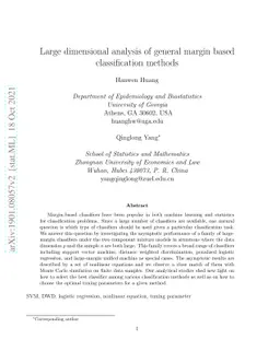 Large dimensional analysis of general margin based classification
  methods