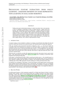 Decoupling feature extraction from policy learning: assessing benefits
  of state representation learning in goal based robotics