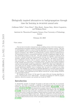 Biologically inspired alternatives to backpropagation through time for
  learning in recurrent neural nets