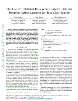 The Use of Unlabeled Data versus Labeled Data for Stopping Active
  Learning for Text Classification