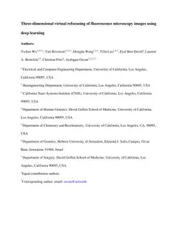 Three-dimensional virtual refocusing of fluorescence microscopy images
  using deep learning
