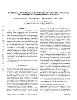 Incremental Transfer Learning in Two-pass Information Bottleneck based
  Speaker Diarization System for Meetings