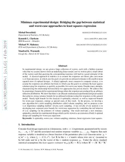 Minimax experimental design: Bridging the gap between statistical and
  worst-case approaches to least squares regression