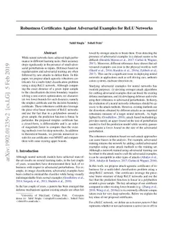Robustness Certificates Against Adversarial Examples for ReLU Networks