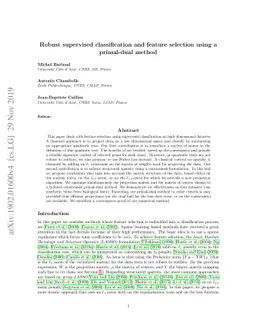 Robust supervised classification and feature selection using a
  primal-dual method