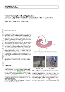 Virtual Training for a Real Application: Accurate Object-Robot Relative
  Localization without Calibration