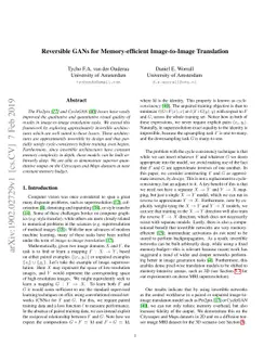 Reversible GANs for Memory-efficient Image-to-Image Translation