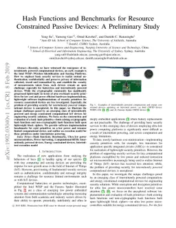 Hash Functions and Benchmarks for Resource Constrained Passive Devices:
  A Preliminary Study