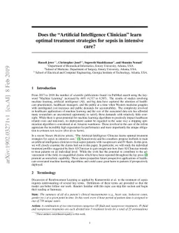 Does the "Artificial Intelligence Clinician" learn optimal treatment
  strategies for sepsis in intensive care?