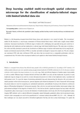 Deep learning enabled multi-wavelength spatial coherence microscope for
  the classification of malaria-infected stages with limited labelled data size