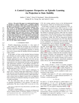 A Control Lyapunov Perspective on Episodic Learning via Projection to
  State Stability
