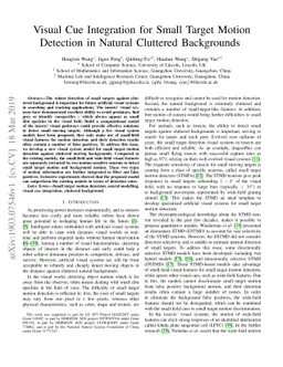 Visual Cue Integration for Small Target Motion Detection in Natural
  Cluttered Backgrounds