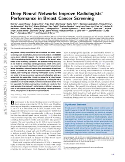 Deep Neural Networks Improve Radiologists' Performance in Breast Cancer
  Screening