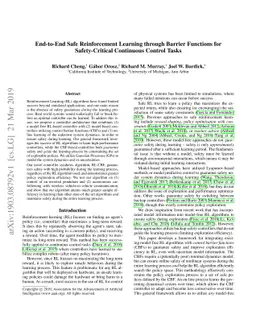 End-to-End Safe Reinforcement Learning through Barrier Functions for
  Safety-Critical Continuous Control Tasks