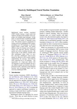 Massively Multilingual Neural Machine Translation