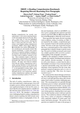 DROP: A Reading Comprehension Benchmark Requiring Discrete Reasoning
  Over Paragraphs