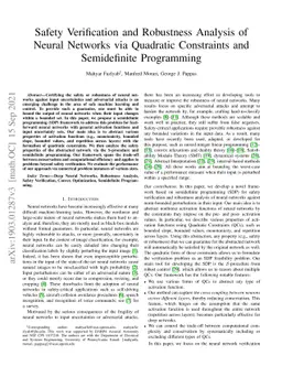 Safety Verification and Robustness Analysis of Neural Networks via
  Quadratic Constraints and Semidefinite Programming