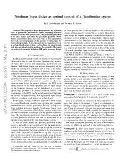 Nonlinear input design as optimal control of a Hamiltonian system