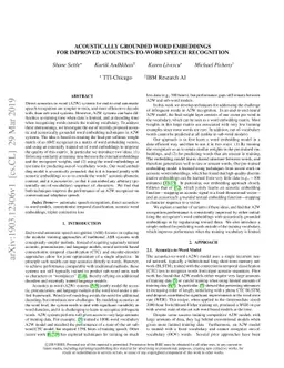 Acoustically Grounded Word Embeddings for Improved Acoustics-to-Word
  Speech Recognition