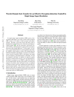 Wavelet Domain Style Transfer for an Effective Perception-distortion
  Tradeoff in Single Image Super-Resolution