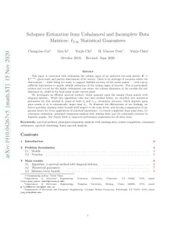 Subspace Estimation from Unbalanced and Incomplete Data Matrices:
  $\ell_{2,\infty}$ Statistical Guarantees