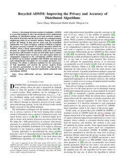Recycled ADMM: Improving the Privacy and Accuracy of Distributed
  Algorithms