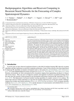 Backpropagation Algorithms and Reservoir Computing in Recurrent Neural
  Networks for the Forecasting of Complex Spatiotemporal Dynamics