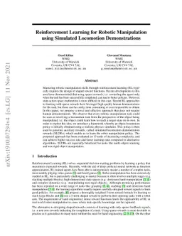 Reinforcement Learning for Robotic Manipulation using Simulated
  Locomotion Demonstrations