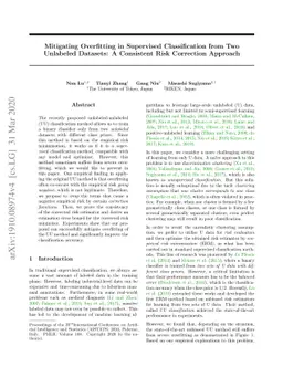 Mitigating Overfitting in Supervised Classification from Two Unlabeled
  Datasets: A Consistent Risk Correction Approach