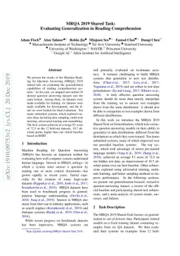 MRQA 2019 Shared Task: Evaluating Generalization in Reading
  Comprehension