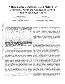 A Rademacher Complexity Based Method fo rControlling Power and
  Confidence Level in Adaptive Statistical Analysis