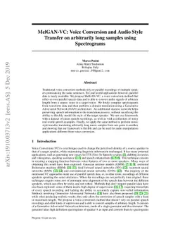 MelGAN-VC: Voice Conversion and Audio Style Transfer on arbitrarily long
  samples using Spectrograms