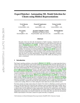 ExpertMatcher: Automating ML Model Selection for Clients using Hidden
  Representations