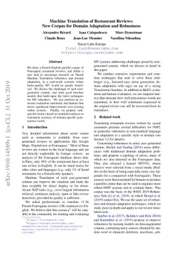 Machine Translation of Restaurant Reviews: New Corpus for Domain
  Adaptation and Robustness