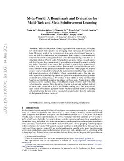 Meta-World: A Benchmark and Evaluation for Multi-Task and Meta
  Reinforcement Learning