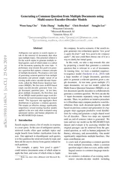 Generating a Common Question from Multiple Documents using Multi-source
  Encoder-Decoder Models