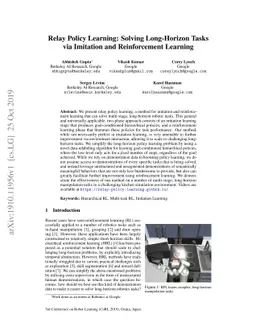 Relay Policy Learning: Solving Long-Horizon Tasks via Imitation and
  Reinforcement Learning