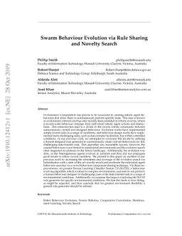 Swarm Behaviour Evolution via Rule Sharing and Novelty Search