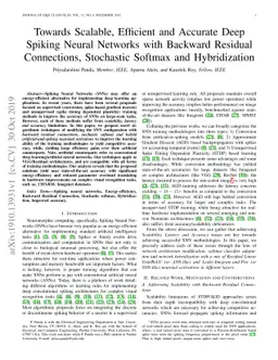Towards Scalable, Efficient and Accurate Deep Spiking Neural Networks
  with Backward Residual Connections, Stochastic Softmax and Hybridization