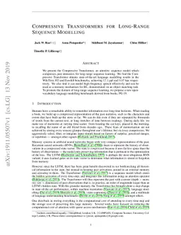 Compressive Transformers for Long-Range Sequence Modelling