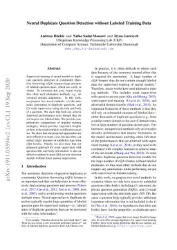 Neural Duplicate Question Detection without Labeled Training Data