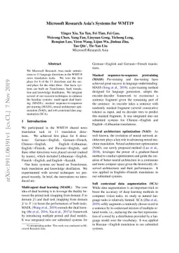 Microsoft Research Asia's Systems for WMT19