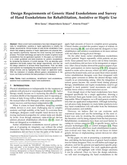 Design Requirements of Generic Hand Exoskeletons and Survey of Hand
  Exoskeletons for Rehabilitation, Assistive or Haptic Use